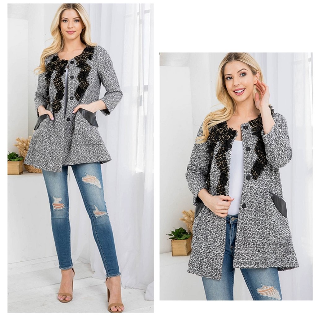 Women Wool Blend Tweed Petal Longline Pockets Lace Lined A-Line Jacket Coat 7774